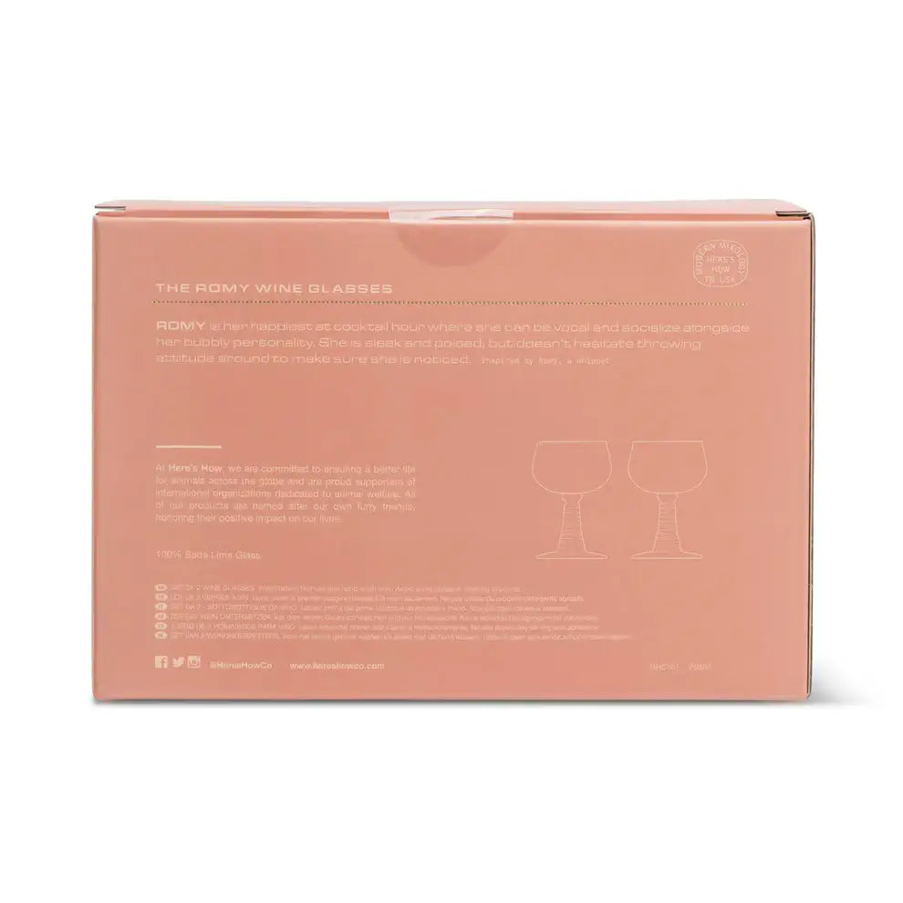 Box packaging for Romy wine glasses with text and illustrations on a white background
