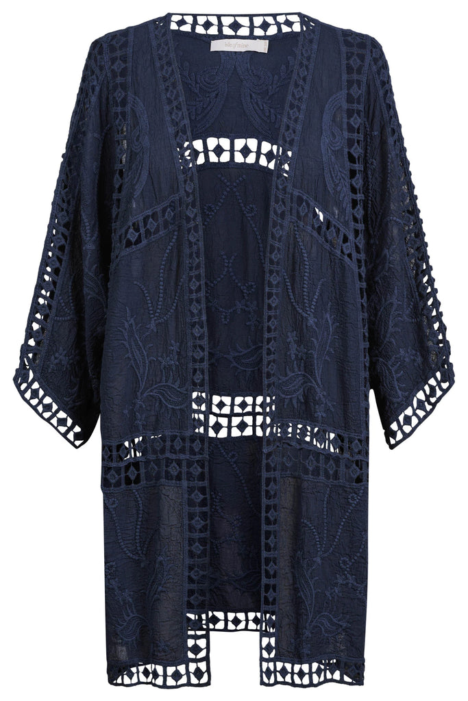 Navy blue lace kimono-style dress on a white background
