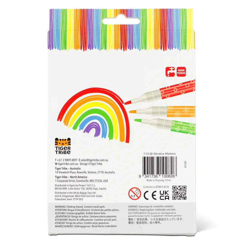 Packaging of Tiger Tribe window markers with colorful design and branding.